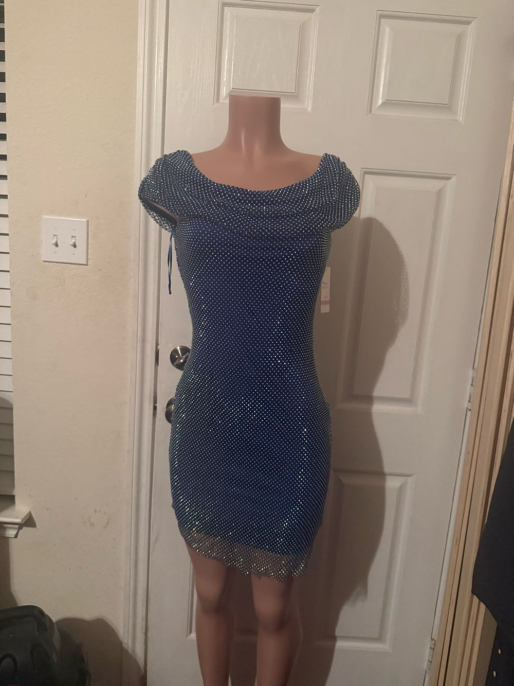 Blue Sparkle Polka Dot Mini Dress with Cowl Neck